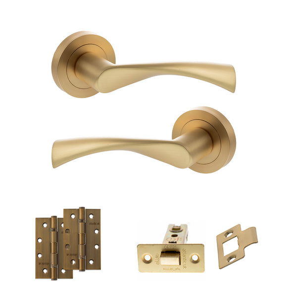 STATUS Colorado Door Handle Pack (Latch Set - 2.5" CE Latch, 4" Slim Knuckle Hinges x2) - Satin Brass - ADPS34RSB5 - Choice Handles