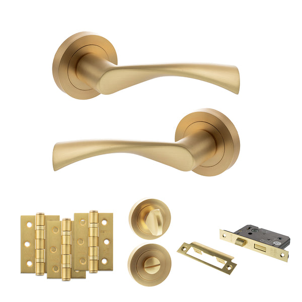 STATUS Colorado Door Handle Pack (Bathroom Set - 3" CE Bathroom Lock, 3" Fire Rated Hinges x3) - Satin Brass - ADPS34RSB9