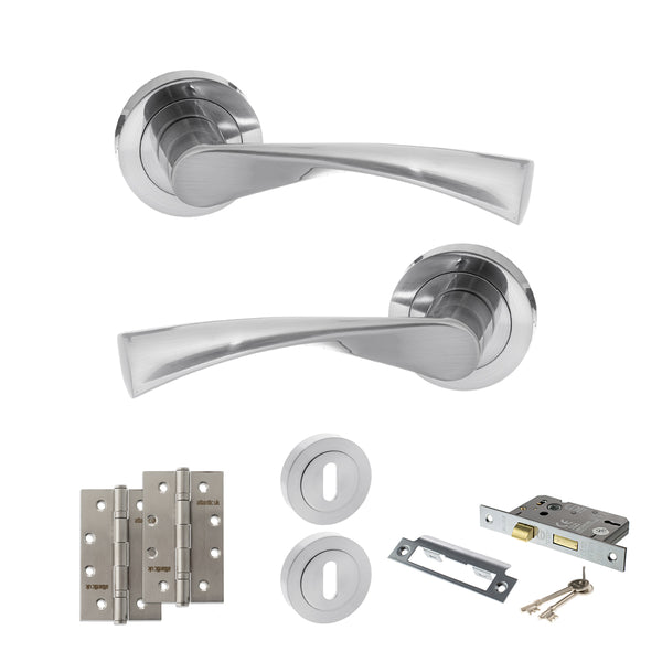 STATUS Colorado Door Handle Pack (3 Lever Lock Set - 2.5" CE Sashlock, 4" Slim Knuckle Hinges x2) - Satin Chrome - ADPS34RSC18 - Choice Handles