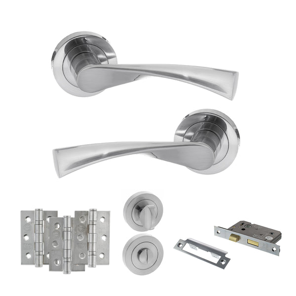STATUS Colorado Door Handle Pack (Bathroom Set - 2.5" CE Bathroom Lock, 3" Fire Rated Hinges x3) - Satin Chrome - ADPS34RSC8 - Choice Handles