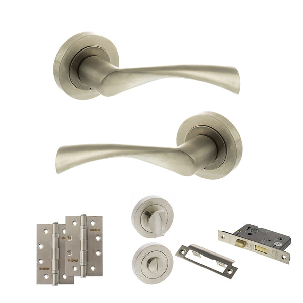 STATUS Colorado Door Handle Pack (Bathroom Set - 2.5" CE Bathroom Lock, 4" Slim Knuckle Hinges x2) - Satin Nickel - ADPS34RSN12 - Choice Handles