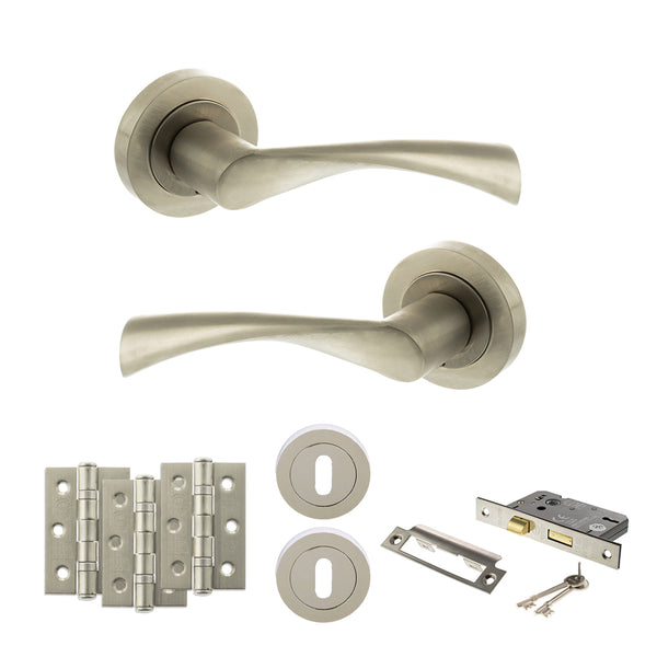 STATUS Colorado Door Handle Pack (3 Lever Lock Set - 2.5" CE Sashlock, 3" Fire Rated Hinges x3) - Satin Nickel - ADPS34RSN14 - Choice Handles