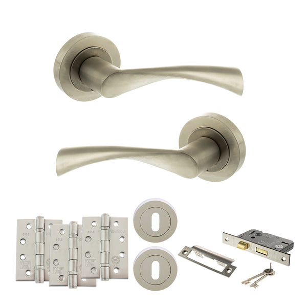 STATUS Colorado Door Handle Pack (3 Lever Lock Set - 2.5" CE Sashlock, 4" Fire Rated Hinges x3) - Satin Nickel - ADPS34RSN16 - Choice Handles