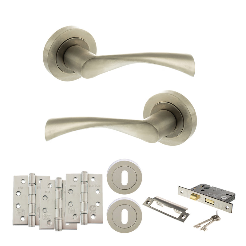 STATUS Colorado Door Handle Pack (3 Lever Lock Set - 2.5" CE Sashlock, 4" Fire Rated Hinges x3) - Satin Nickel - ADPS34RSN16 - Choice Handles