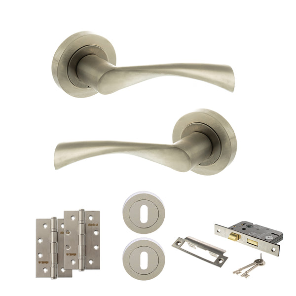STATUS Colorado Door Handle Pack (3 Lever Lock Set - 2.5" CE Sashlock, 4" Slim Knuckle Hinges x2) - Satin Nickel - ADPS34RSN18 - Choice Handles
