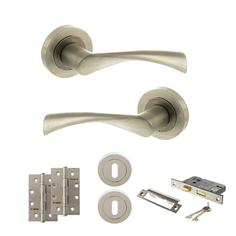 STATUS Colorado Door Handle Pack (3 Lever Lock Set - 2.5" CE Sashlock, 4" Slim Knuckle Hinges x2) - Satin Nickel - ADPS34RSN18 - Choice Handles