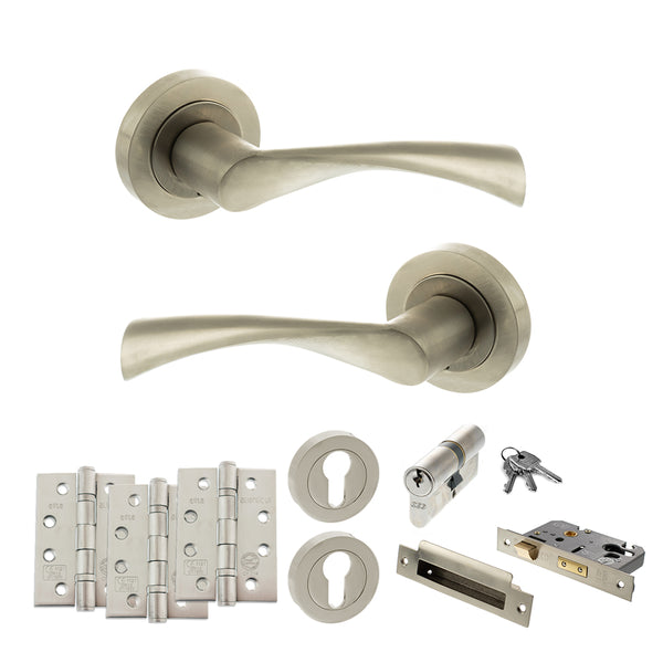 STATUS Colorado Door Handle Pack (Euro Lock Set - 2.5" CE Sashlock, 4" Fire Rated Hinges x3) - Satin Nickel - ADPS34RSN22 - Choice Handles