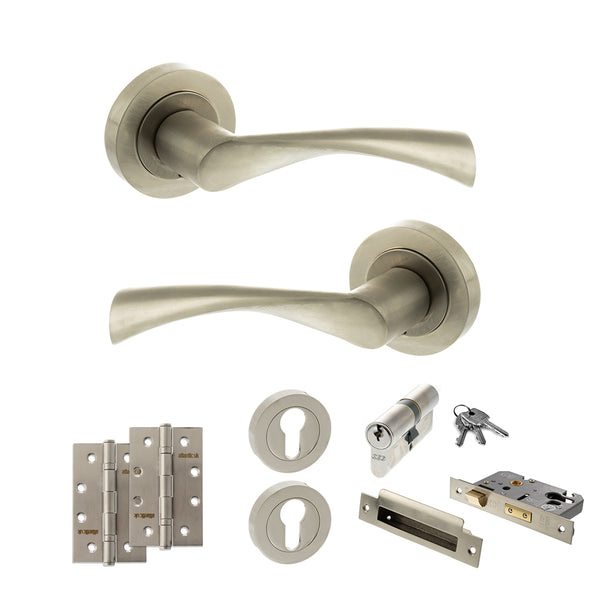 STATUS Colorado Door Handle Pack (Euro Lock Set - 2.5" CE Sashlock, 4" Slim Knuckle Hinges x2) - Satin Nickel - ADPS34RSN24 - Choice Handles