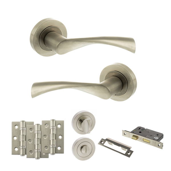 STATUS Colorado Door Handle Pack (Bathroom Set - 2.5" CE Bathroom Lock, 3" Fire Rated Hinges x3) - Satin Nickel - ADPS34RSN8 - Choice Handles