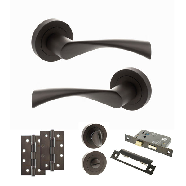 STATUS Colorado Door Handle Pack (Bathroom Set - 2.5" CE Bathroom Lock, 4" Slim Knuckle Hinges x2) - Urban Dark Bronze - ADPS34RUDB12 - Choice Handles