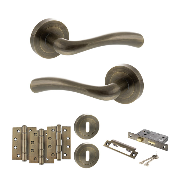 STATUS Texas Door Handle Pack (3 Lever Lock Set - 3" CE Sashlock, 4" Fire Rated Hinges x3) - Antique Brass - ADPS35RAB17 - Choice Handles