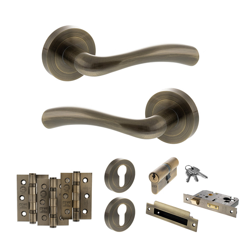 STATUS Texas Door Handle Pack (Euro Lock Set - 3" CE Sashlock, 3" Fire Rated Hinges x3) - Antique Brass - ADPS35RAB21 - Choice Handles