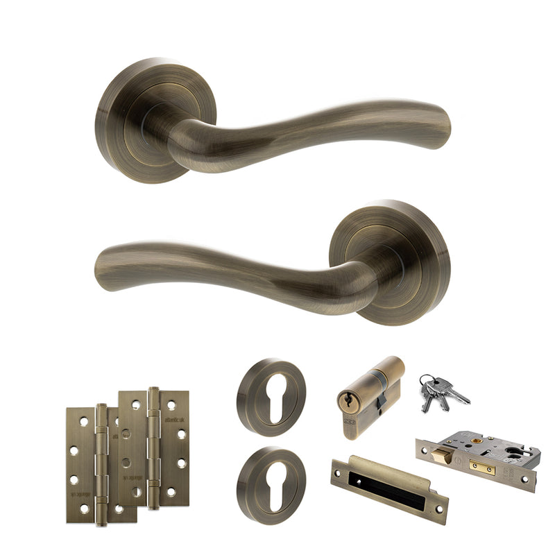 STATUS Texas Door Handle Pack (Euro Lock Set - 2.5" CE Sashlock, 4" Slim Knuckle Hinges x2) - Antique Brass - ADPS35RAB24 - Choice Handles