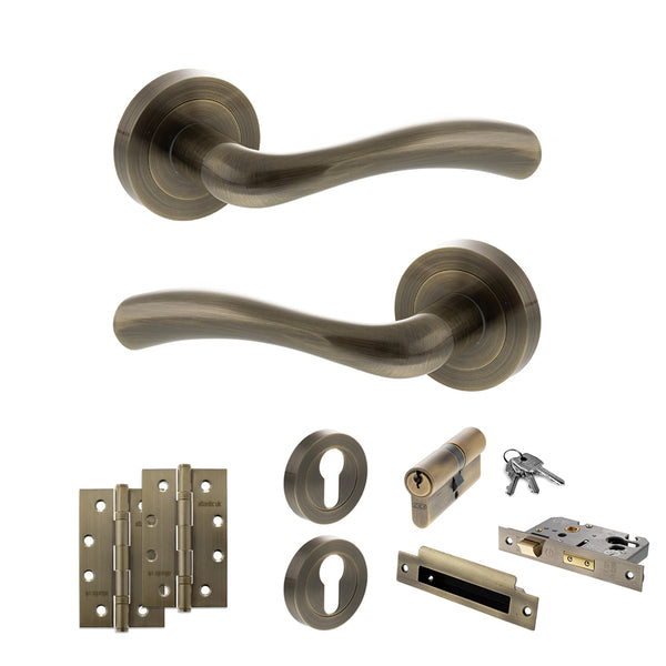 STATUS Texas Door Handle Pack (Euro Lock Set - 3" CE Sashlock, 4" Slim Knuckle Hinges x2) - Antique Brass - ADPS35RAB25 - Choice Handles
