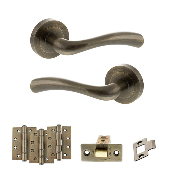 STATUS Texas Door Handle Pack (Latch Set - 3" CE Latch, 4" Fire Rated Hinges x3) - Antique Brass - ADPS35RAB4 - Choice Handles