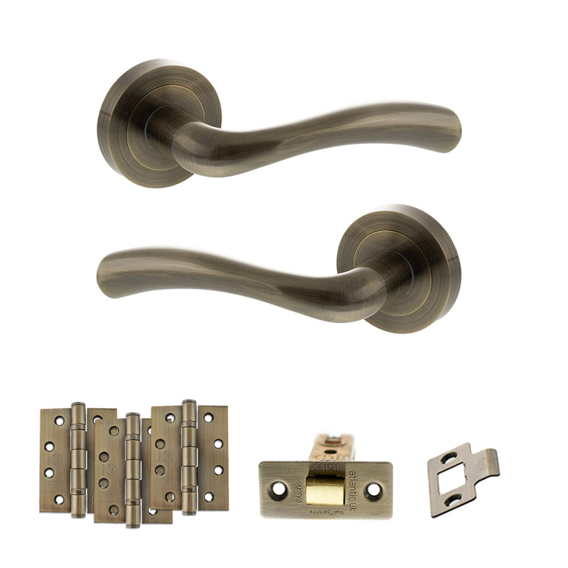STATUS Texas Door Handle Pack (Latch Set - 3" CE Latch, 4" Fire Rated Hinges x3) - Antique Brass - ADPS35RAB4 - Choice Handles
