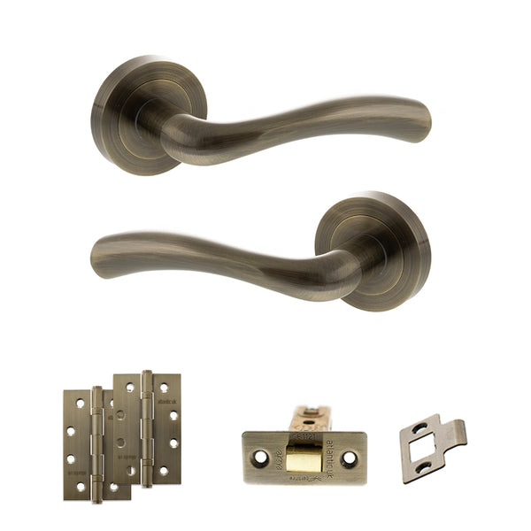 STATUS Texas Door Handle Pack (Latch Set - 3" CE Latch, 4" Slim Knuckle Hinges x2) - Antique Brass - ADPS35RAB6 - Choice Handles