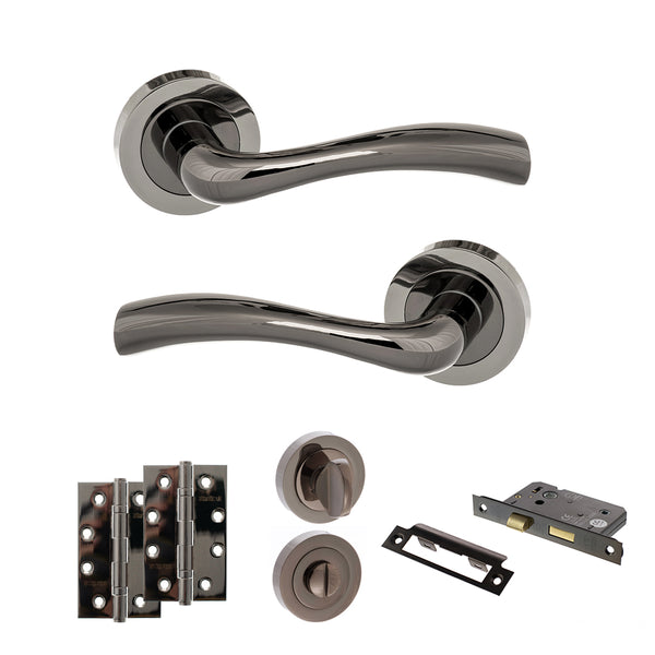 STATUS Texas Door Handle Pack (Bathroom Set - 2.5" CE Bathroom Lock, 4" Slim Knuckle Hinges x2) - Black Nickel - ADPS35RBN12 - Choice Handles