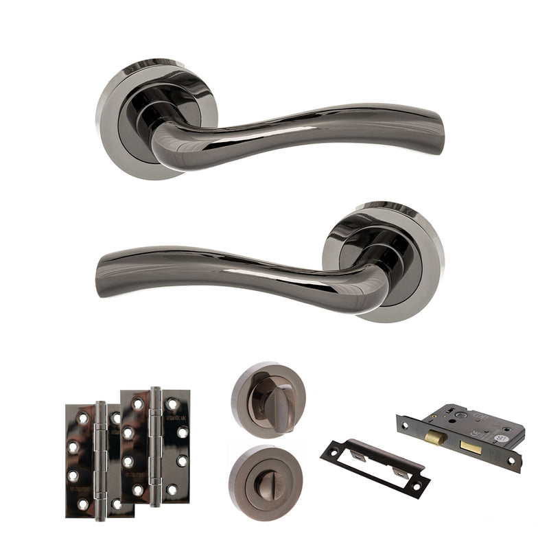 STATUS Texas Door Handle Pack (Bathroom Set - 2.5" CE Bathroom Lock, 4" Slim Knuckle Hinges x2) - Black Nickel - ADPS35RBN12 - Choice Handles