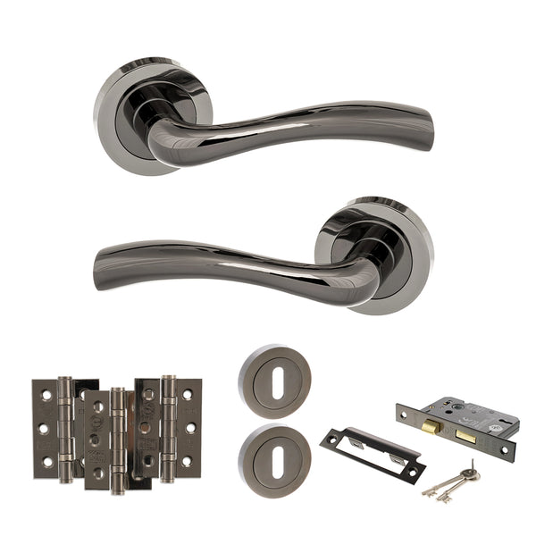 STATUS Texas Door Handle Pack (3 Lever Lock Set - 2.5" CE Sashlock, 3" Fire Rated Hinges x3) - Black Nickel - ADPS35RBN14 - Choice Handles