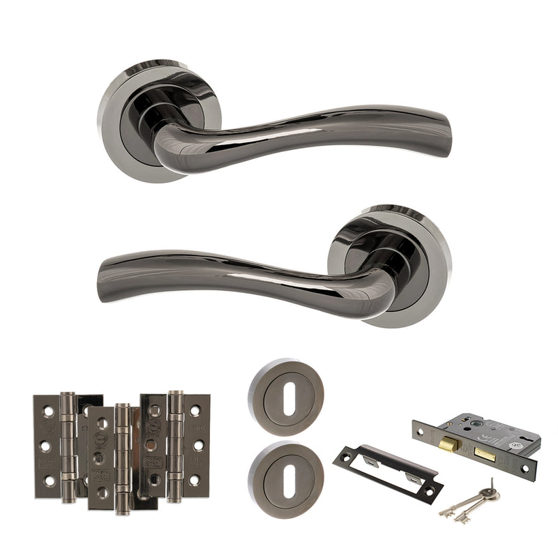 STATUS Texas Door Handle Pack (3 Lever Lock Set - 2.5" CE Sashlock, 3" Fire Rated Hinges x3) - Black Nickel - ADPS35RBN14 - Choice Handles