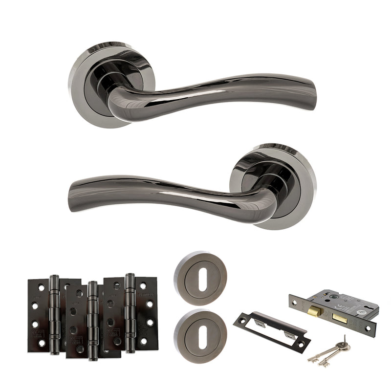 STATUS Texas Door Handle Pack (3 Lever Lock Set - 2.5" CE Sashlock, 4" Fire Rated Hinges x3) - Black Nickel - ADPS35RBN16 - Choice Handles