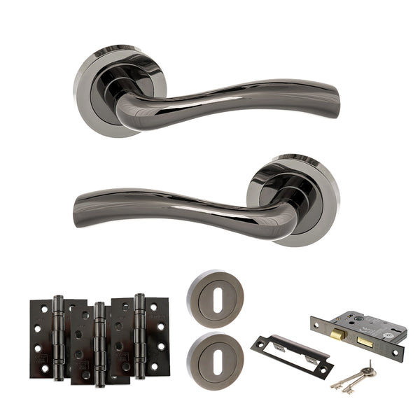 STATUS Texas Door Handle Pack (3 Lever Lock Set - 3" CE Sashlock, 4" Fire Rated Hinges x3) - Black Nickel - ADPS35RBN17 - Choice Handles