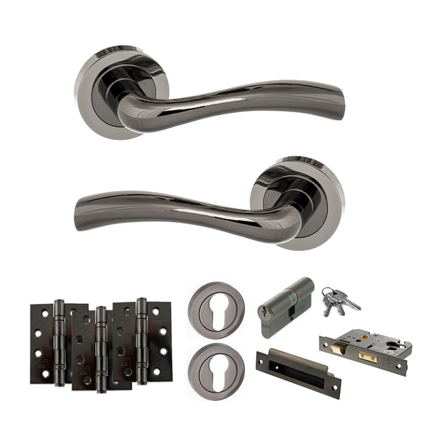 STATUS Texas Door Handle Pack (Euro Lock Set - 2.5" CE Sashlock, 4" Fire Rated Hinges x3) - Black Nickel - ADPS35RBN22 - Choice Handles