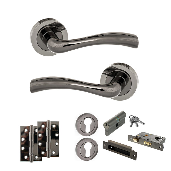 STATUS Texas Door Handle Pack (Euro Lock Set - 2.5" CE Sashlock, 4" Slim Knuckle Hinges x2) - Black Nickel - ADPS35RBN24 - Choice Handles