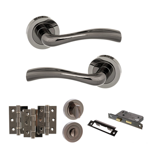 STATUS Texas Door Handle Pack (Bathroom Set - 3" CE Bathroom Lock, 3" Fire Rated Hinges x3) - Black Nickel - ADPS35RBN9