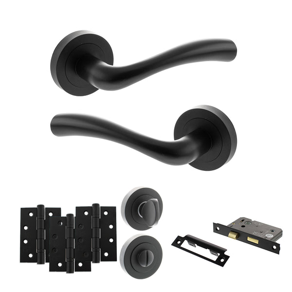 STATUS Texas Door Handle Pack (Bathroom Set - 3" CE Bathroom Lock, 4" Fire Rated Hinges x3) - Matt Black - ADPS35RMB11 - Choice Handles