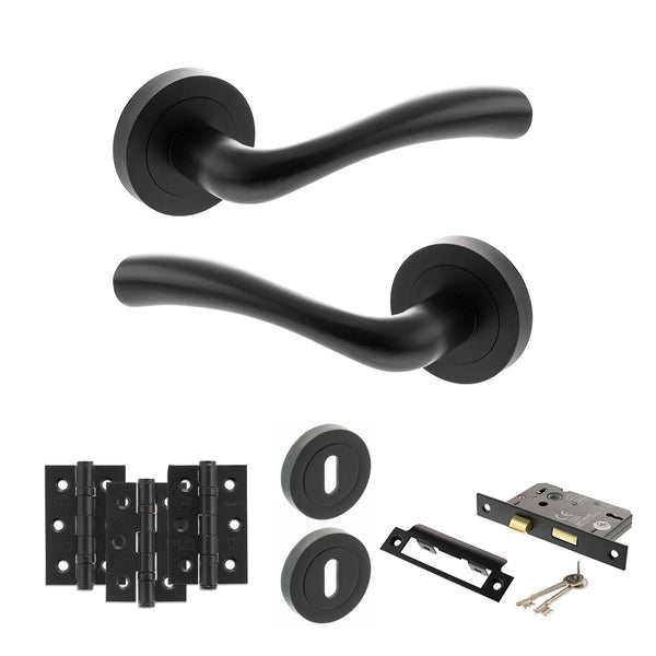 STATUS Texas Door Handle Pack (3 Lever Lock Set - 2.5" CE Sashlock, 3" Fire Rated Hinges x3) - Matt Black - ADPS35RMB14 - Choice Handles