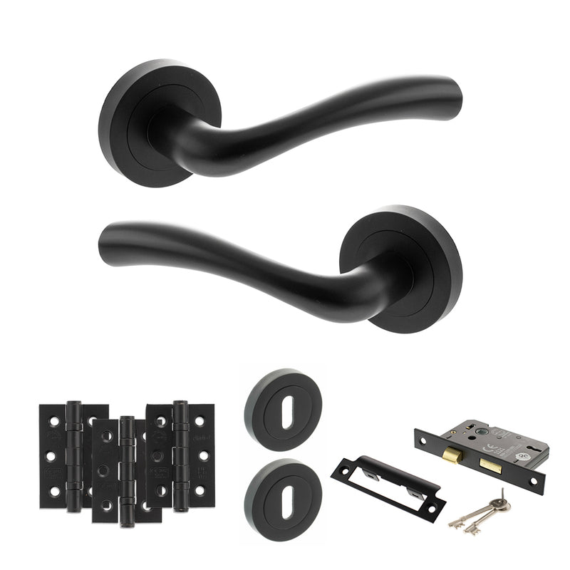 STATUS Texas Door Handle Pack (3 Lever Lock Set - 2.5" CE Sashlock, 3" Fire Rated Hinges x3) - Matt Black - ADPS35RMB14 - Choice Handles