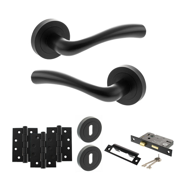 STATUS Texas Door Handle Pack (3 Lever Lock Set - 3" CE Sashlock, 4" Fire Rated Hinges x3) - Matt Black - ADPS35RMB17 - Choice Handles