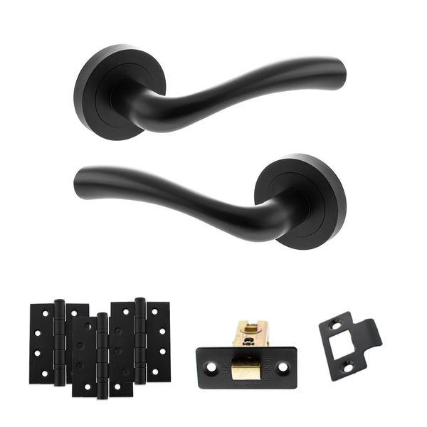 STATUS Texas Door Handle Pack (Latch Set - 3" CE Latch, 4" Fire Rated Hinges x3) - Matt Black - ADPS35RMB4 - Choice Handles