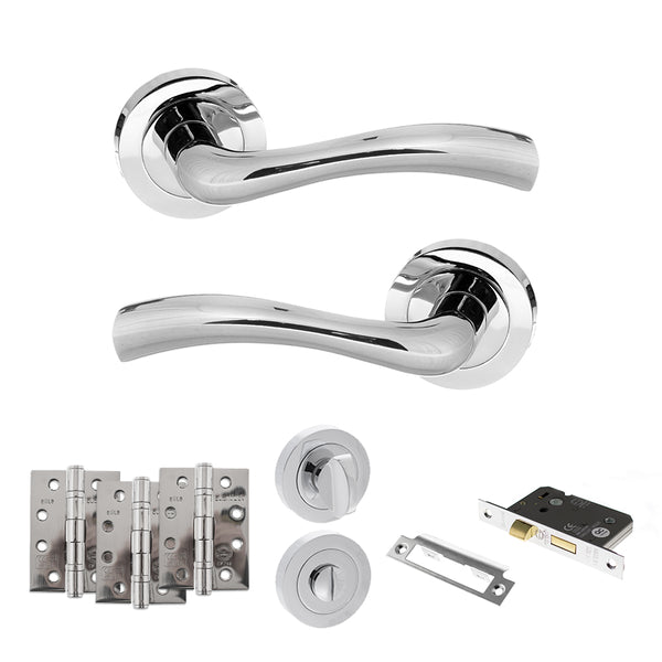 STATUS Texas Door Handle Pack (Bathroom Set - 3" CE Bathroom Lock, 4" Fire Rated Hinges x3) - Polished Chrome - ADPS35RPC11 - Choice Handles