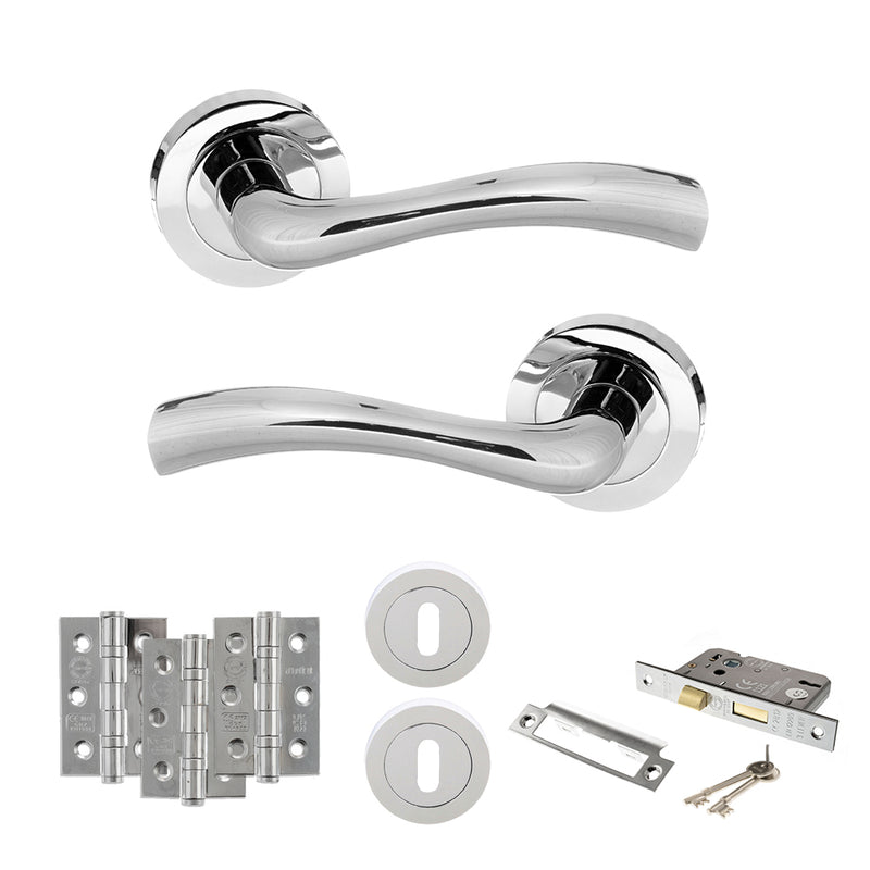 STATUS Texas Door Handle Pack (3 Lever Lock Set - 2.5" CE Sashlock, 3" Fire Rated Hinges x3) - Polished Chrome - ADPS35RPC14 - Choice Handles