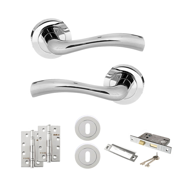 STATUS Texas Door Handle Pack (3 Lever Lock Set - 2.5" CE Sashlock, 4" Slim Knuckle Hinges x2) - Polished Chrome - ADPS35RPC18 - Choice Handles