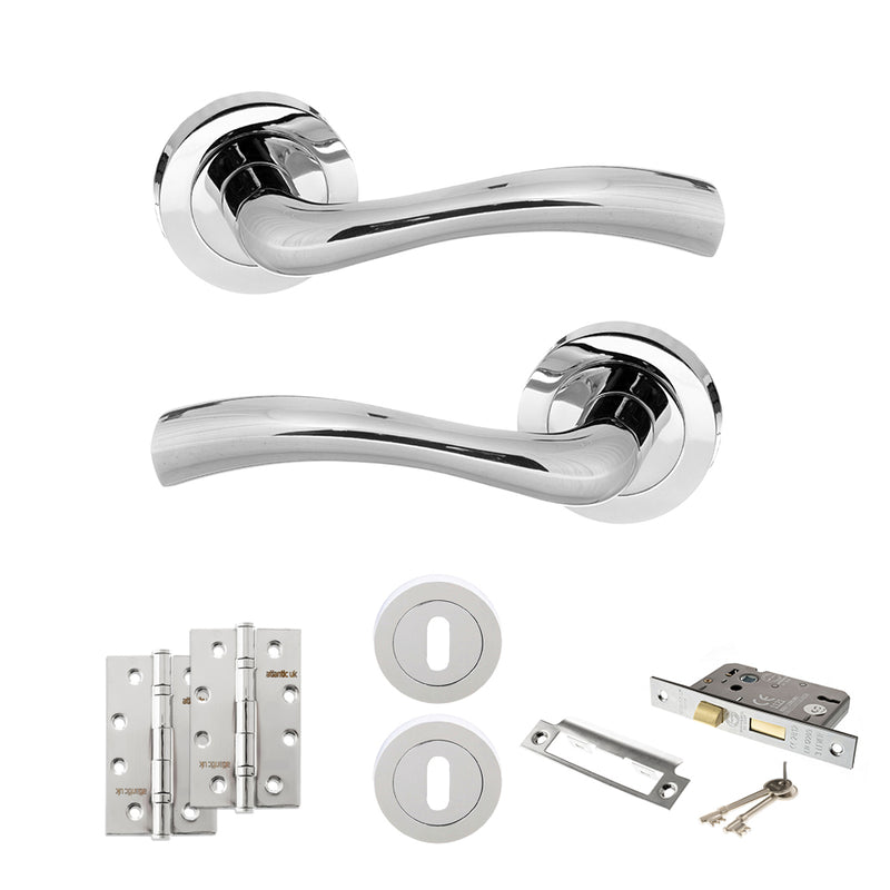 STATUS Texas Door Handle Pack (3 Lever Lock Set - 2.5" CE Sashlock, 4" Slim Knuckle Hinges x2) - Polished Chrome - ADPS35RPC18 - Choice Handles