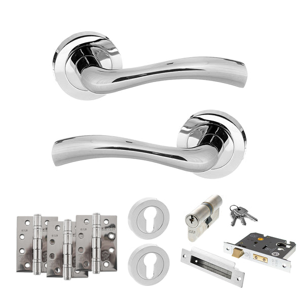 STATUS Texas Door Handle Pack (Euro Lock Set - 3" CE Sashlock, 4" Fire Rated Hinges x3) - Polished Chrome - ADPS35RPC23 - Choice Handles