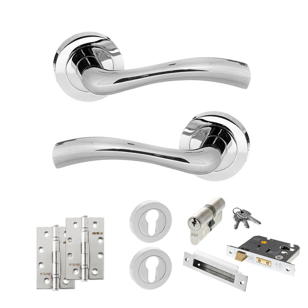 STATUS Texas Door Handle Pack (Euro Lock Set - 3" CE Sashlock, 4" Slim Knuckle Hinges x2) - Polished Chrome - ADPS35RPC25 - Choice Handles