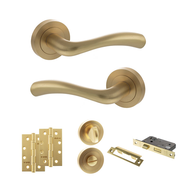 STATUS Texas Door Handle Pack (Bathroom Set - 3" CE Bathroom Lock, 4" Slim Knuckle Hinges x2) - Satin Brass - ADPS35RSB13 - Choice Handles