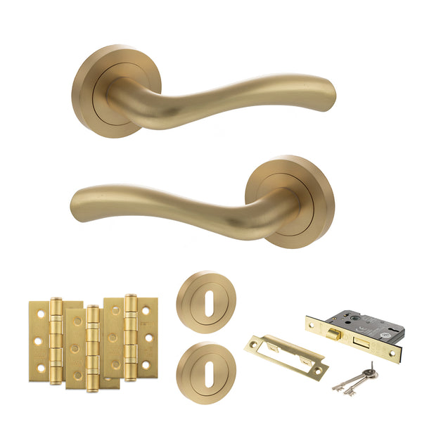 STATUS Texas Door Handle Pack (3 Lever Lock Set - 2.5" CE Sashlock, 3" Fire Rated Hinges x3) - Satin Brass - ADPS35RSB14 - Choice Handles