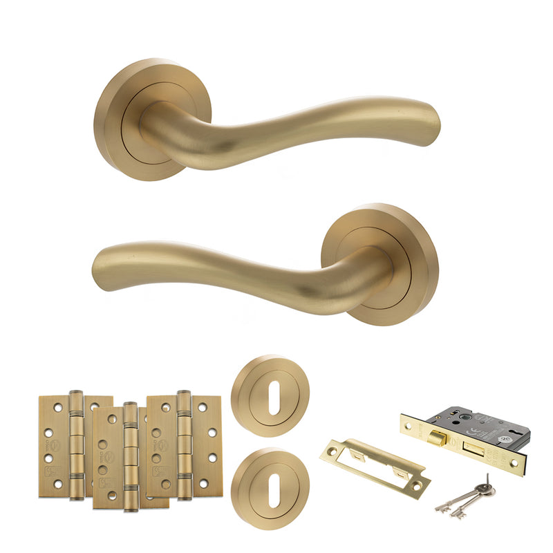 STATUS Texas Door Handle Pack (3 Lever Lock Set - 2.5" CE Sashlock, 4" Fire Rated Hinges x3) - Satin Brass - ADPS35RSB16 - Choice Handles