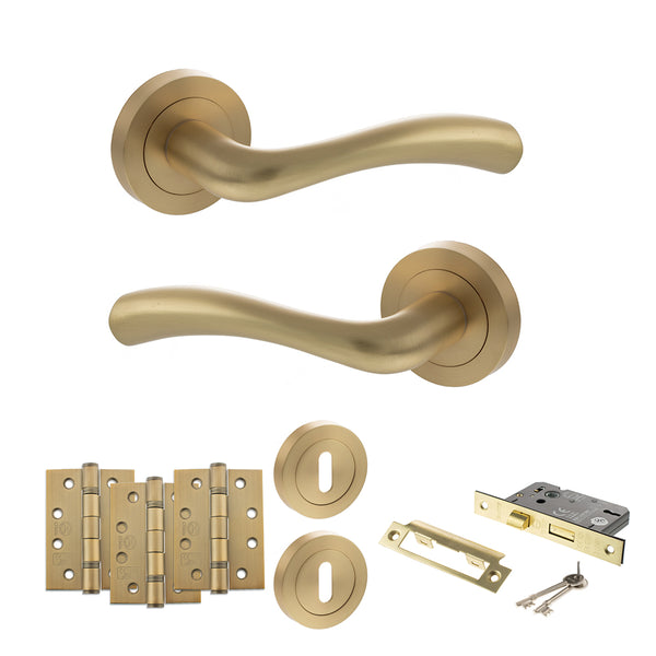STATUS Texas Door Handle Pack (3 Lever Lock Set - 3" CE Sashlock, 4" Fire Rated Hinges x3) - Satin Brass - ADPS35RSB17 - Choice Handles