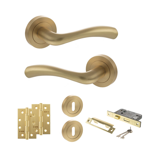 STATUS Texas Door Handle Pack (3 Lever Lock Set - 2.5" CE Sashlock, 4" Slim Knuckle Hinges x2) - Satin Brass - ADPS35RSB18 - Choice Handles