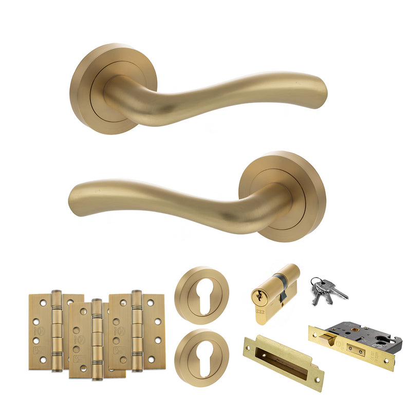 STATUS Texas Door Handle Pack (Euro Lock Set - 2.5" CE Sashlock, 4" Fire Rated Hinges x3) - Satin Brass - ADPS35RSB22
