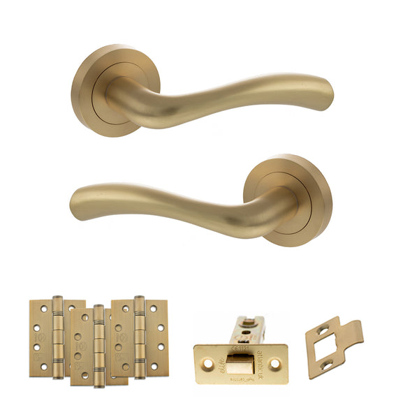 STATUS Texas Door Handle Pack (Latch Set - 3" CE Latch, 4" Fire Rated Hinges x3) - Satin Brass - ADPS35RSB4 - Choice Handles