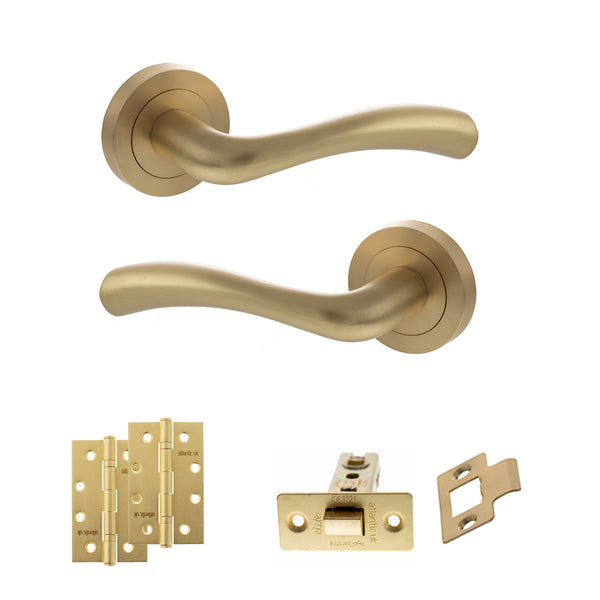 STATUS Texas Door Handle Pack (Latch Set - 3" CE Latch, 4" Slim Knuckle Hinges x2) - Satin Brass - ADPS35RSB6 - Choice Handles