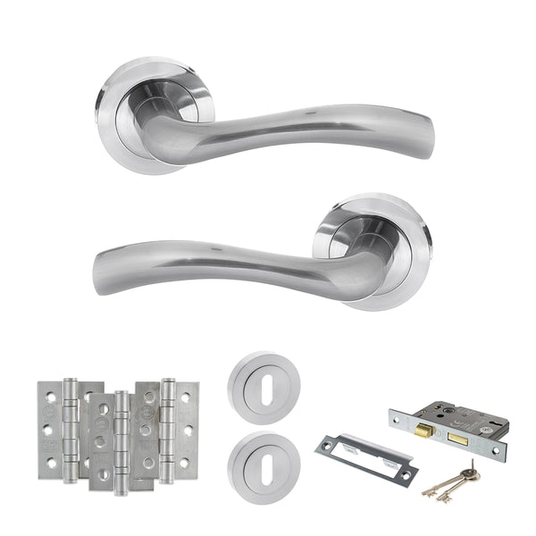 STATUS Texas Door Handle Pack (3 Lever Lock Set - 2.5" CE Sashlock, 3" Fire Rated Hinges x3) - Satin Chrome - ADPS35RSC14 - Choice Handles